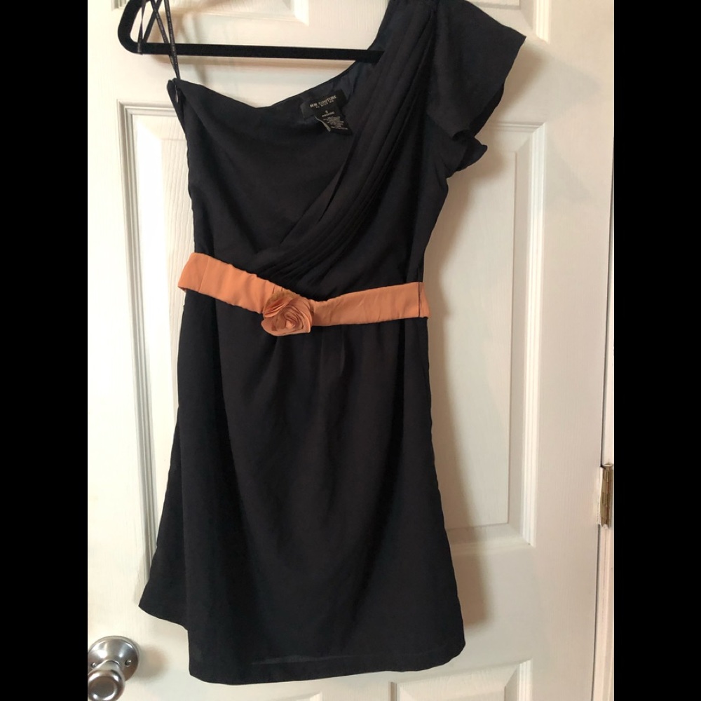 MM Couture one shoulder dress. Fully lined  navy blue with peach colored belt.